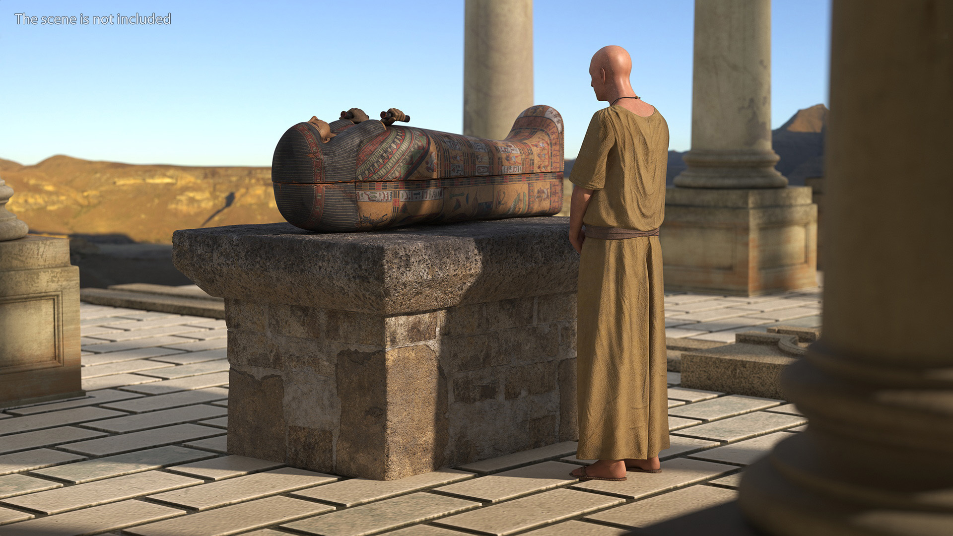 Ancient Priest Mourns an Altar with a Sarcophagus 3D model