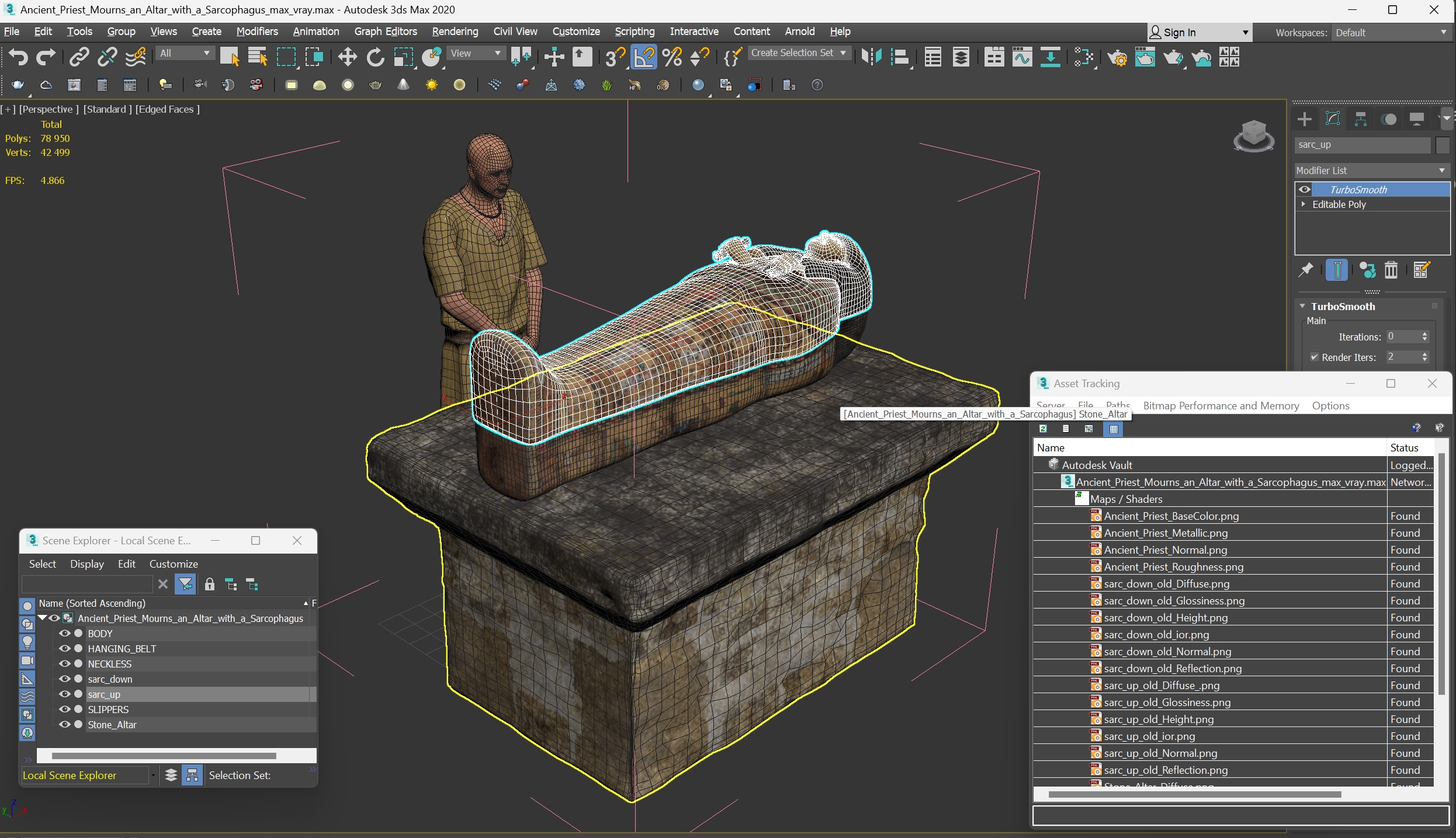 Ancient Priest Mourns an Altar with a Sarcophagus 3D model