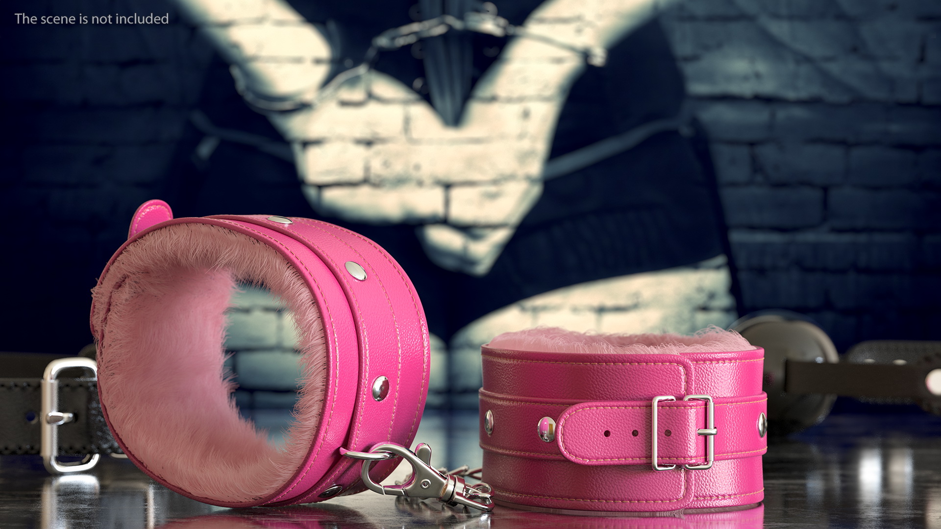 3D Pink Leather Wrist Cuffs with Fur model