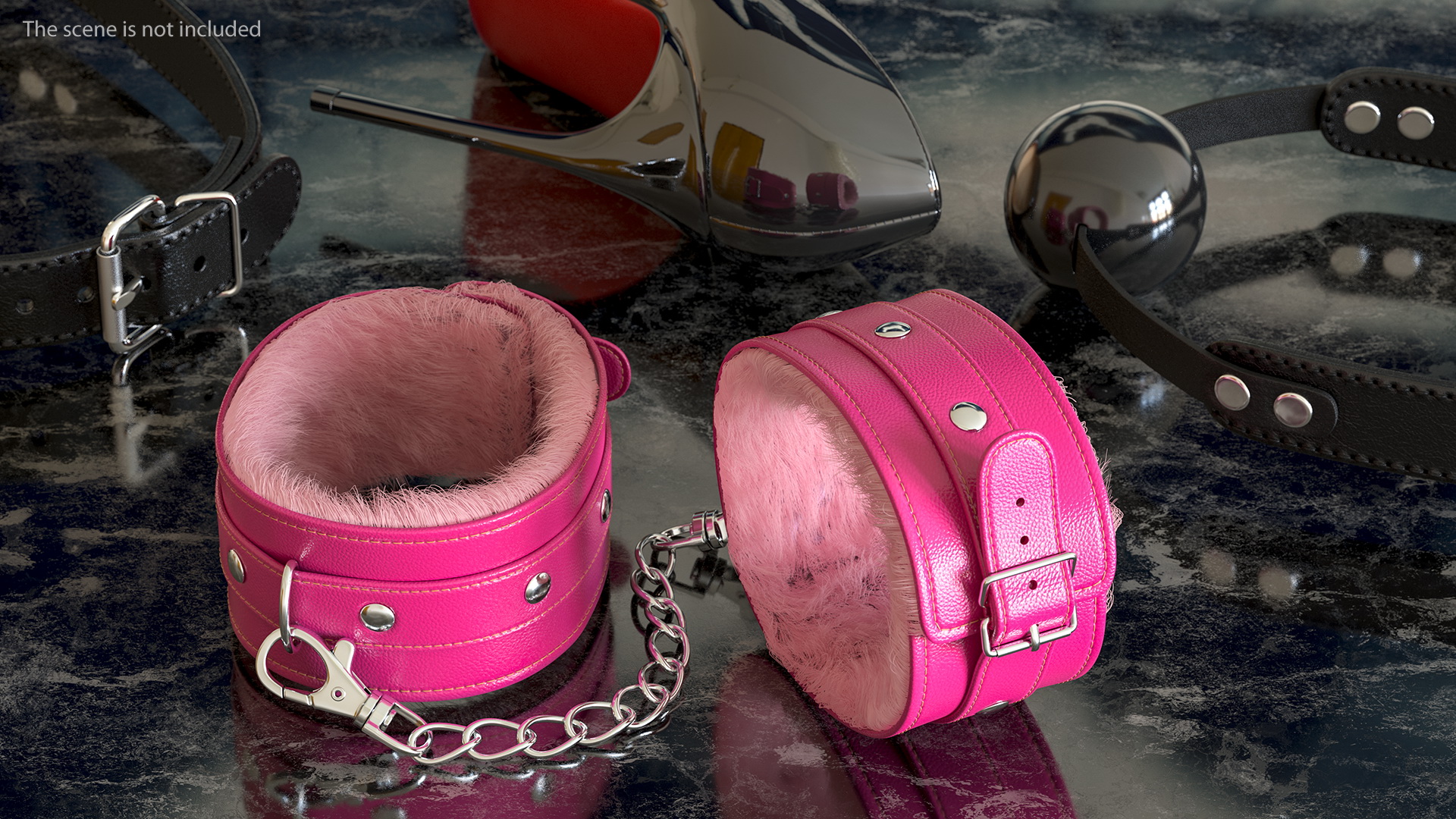 3D Pink Leather Wrist Cuffs with Fur model