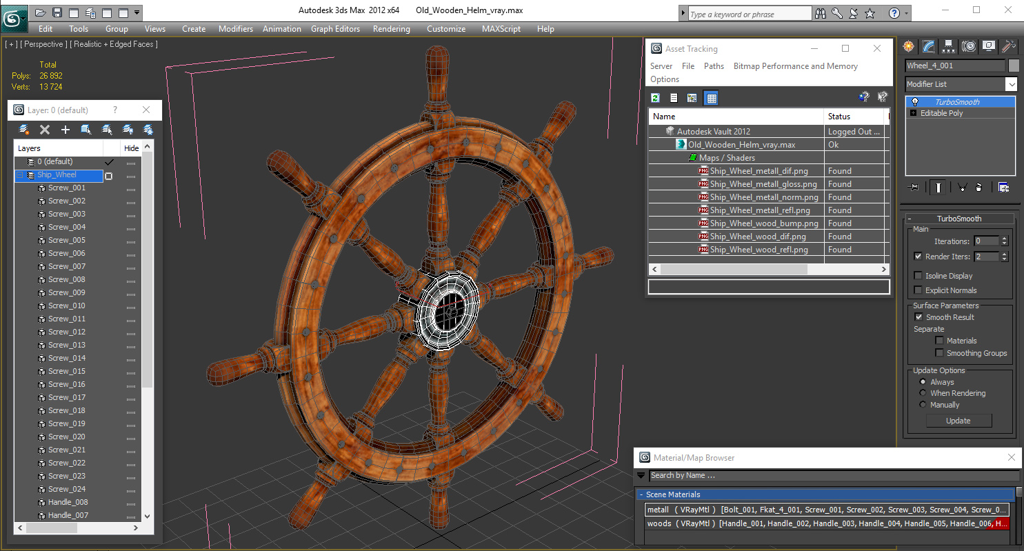 3D Old Wooden Helm Wheel