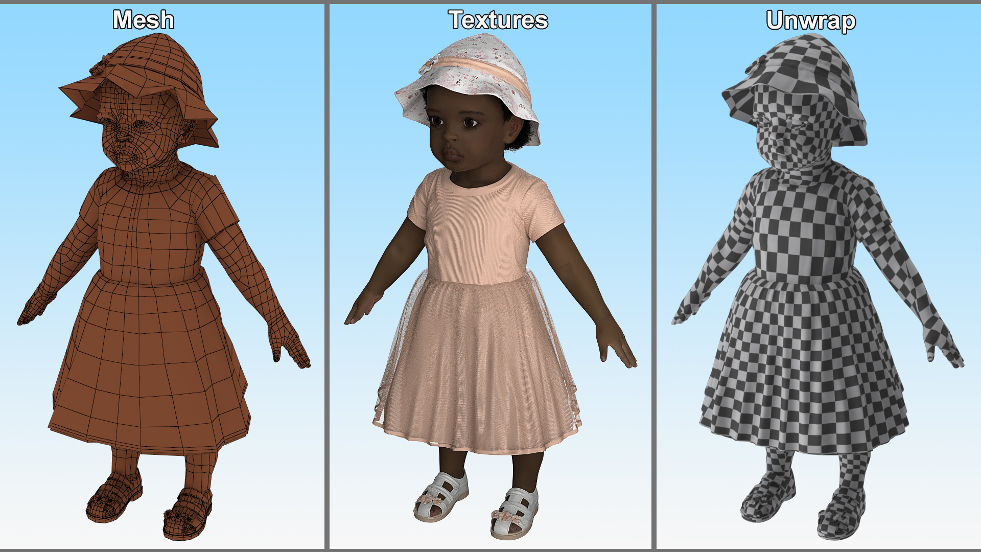 3D Little African Girl Light Skin in Summer Fur Rigged