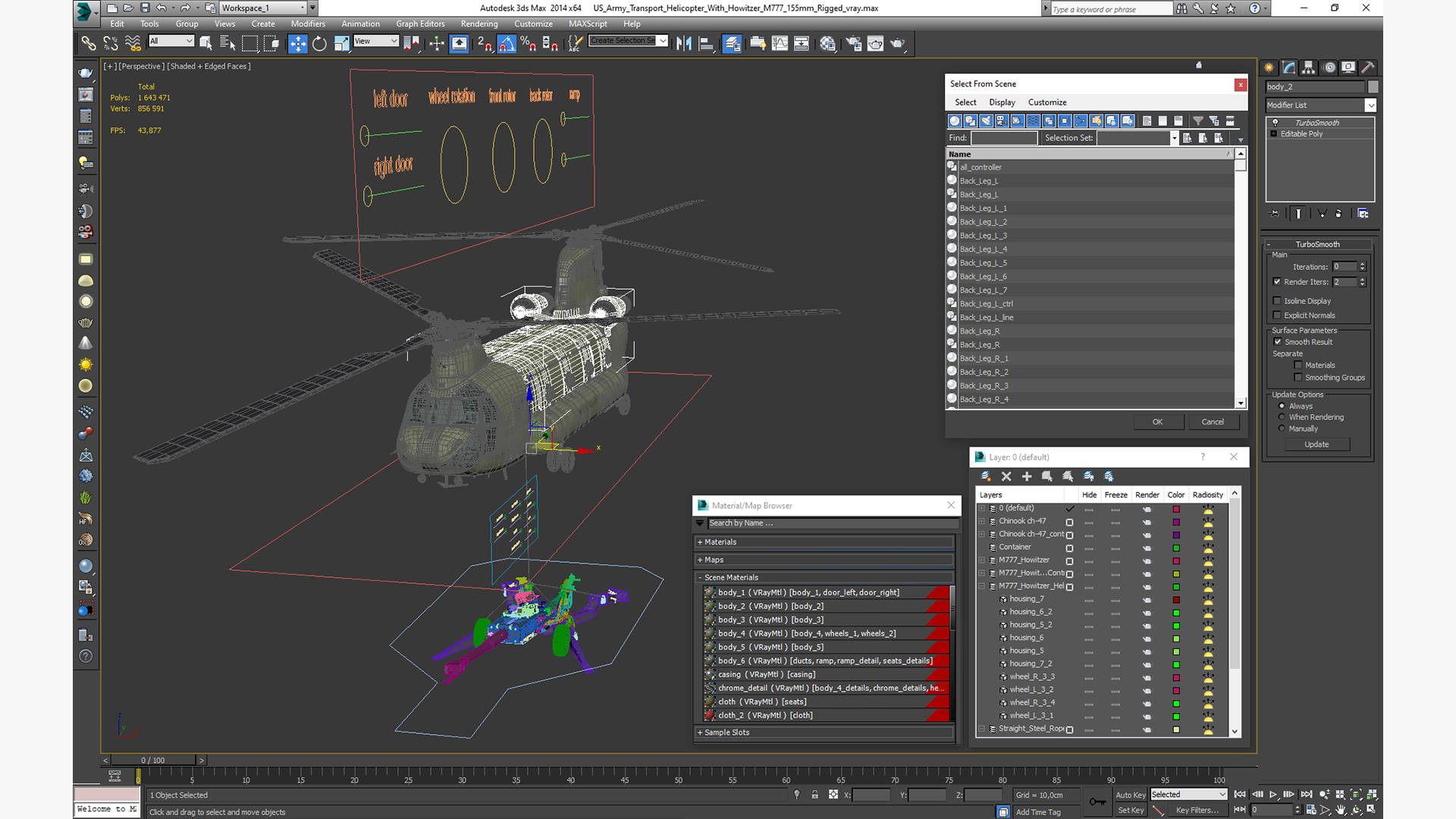 3D model US Army Transport Helicopter With Howitzer M777 155mm Rigged