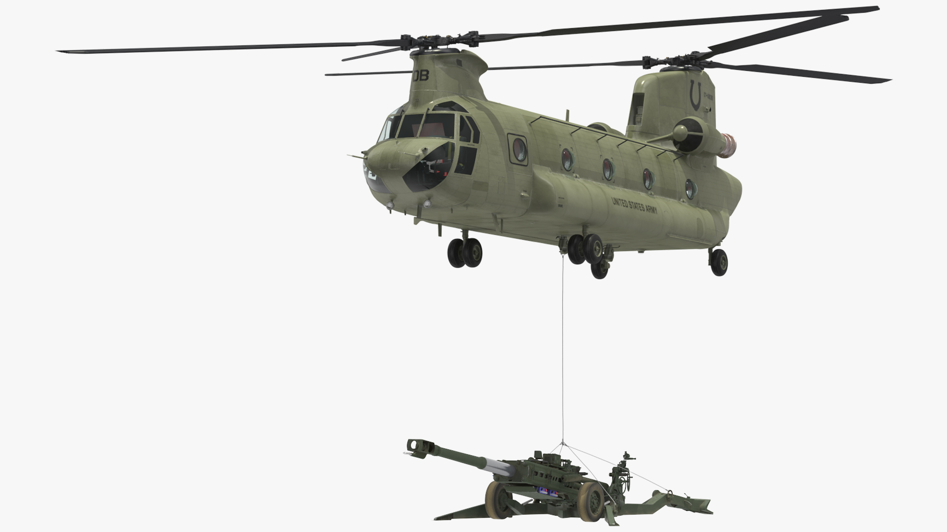 3D model US Army Transport Helicopter With Howitzer M777 155mm Rigged