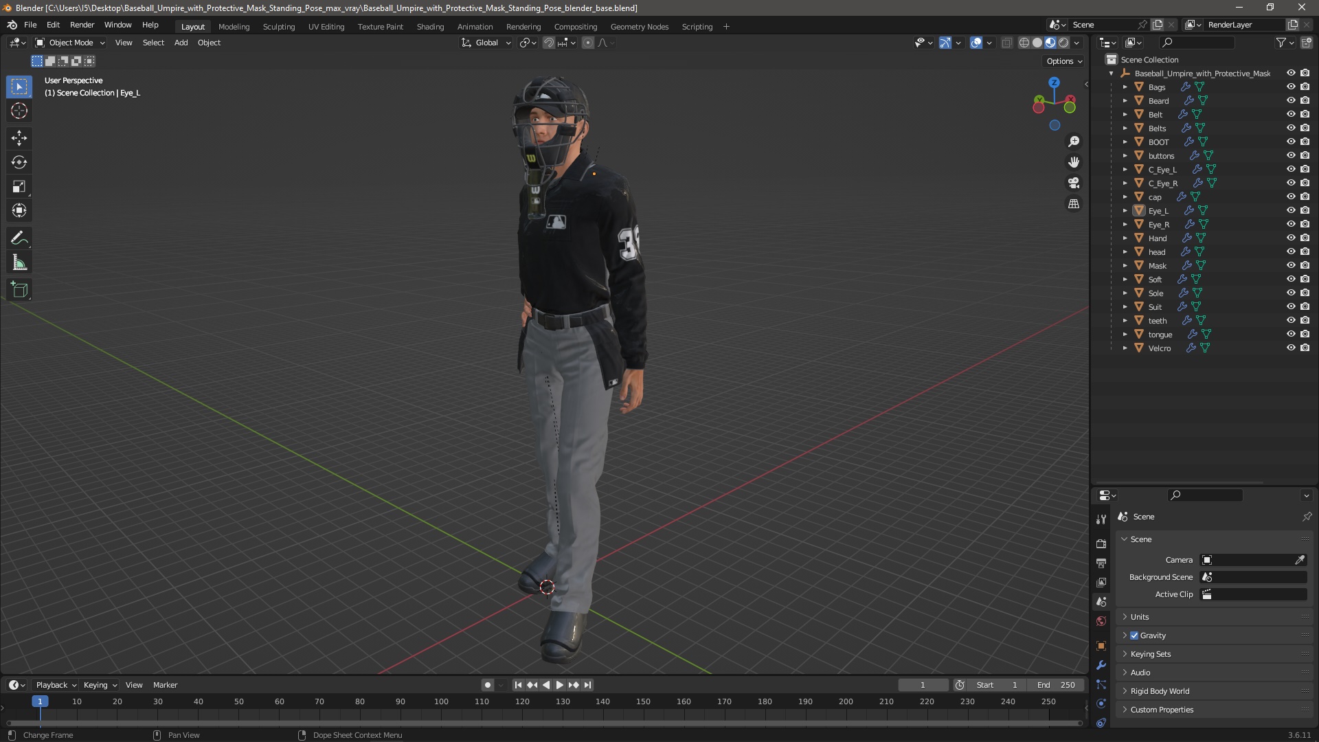 3D model Baseball Umpire with Protective Mask Standing Pose