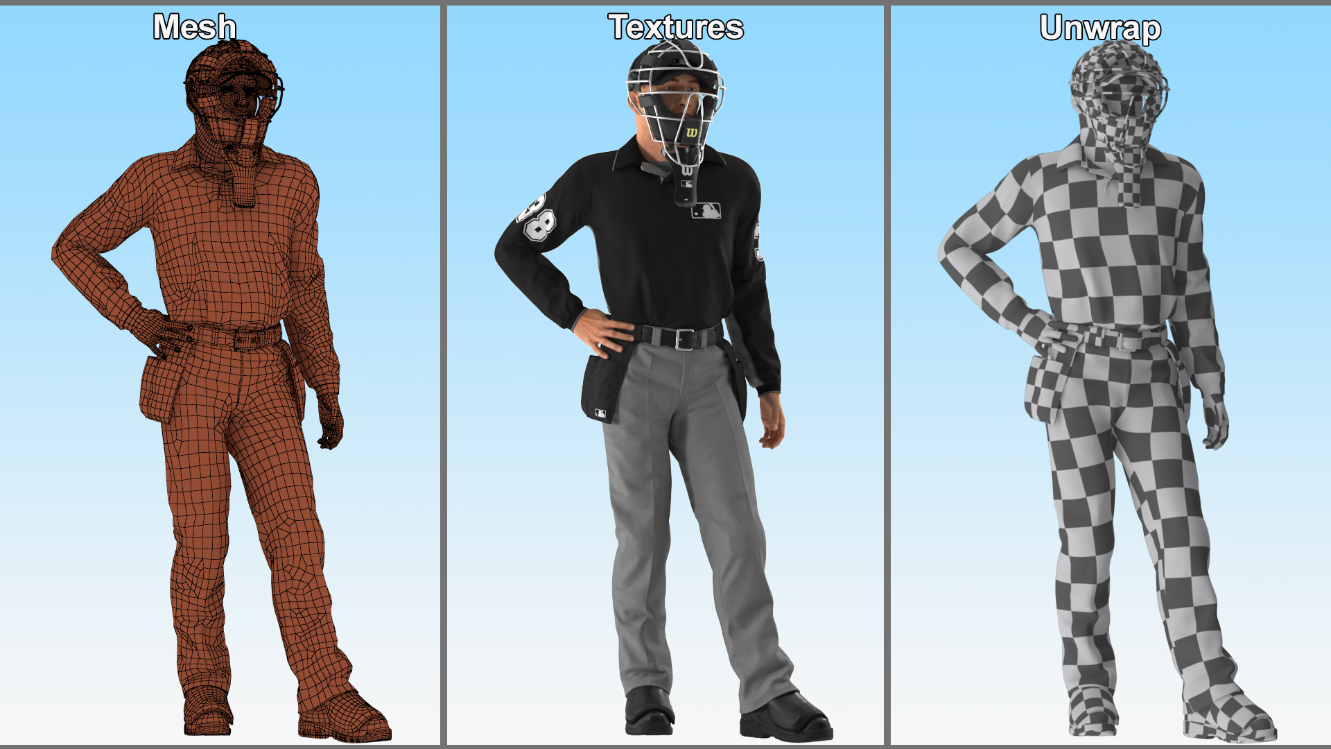 3D model Baseball Umpire with Protective Mask Standing Pose