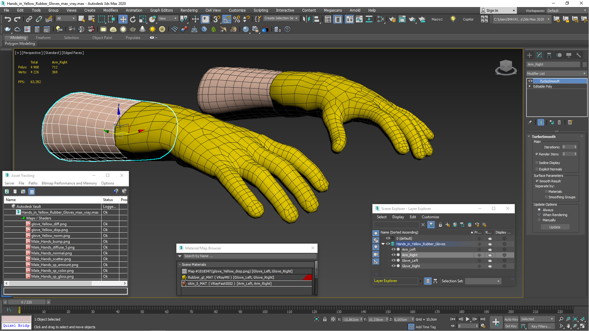 Hands in Yellow Rubber Gloves 3D model