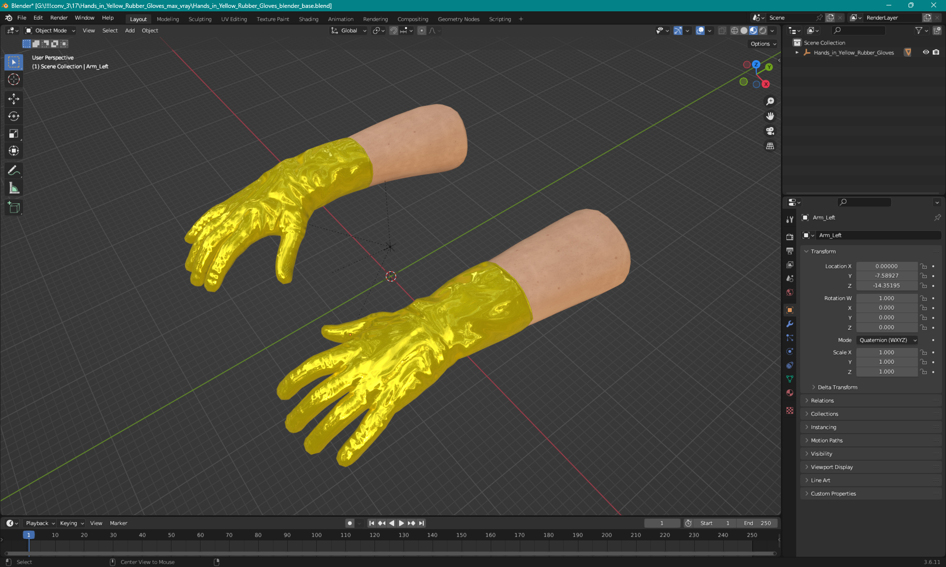 Hands in Yellow Rubber Gloves 3D model