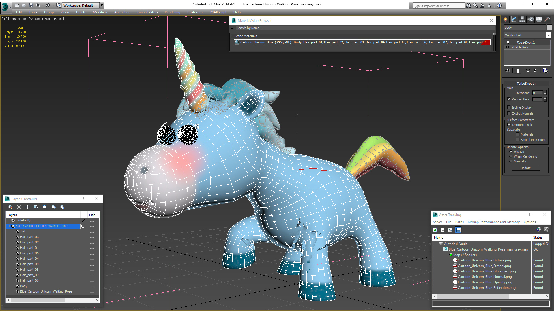 3D Blue Cartoon Unicorn Walking Pose model