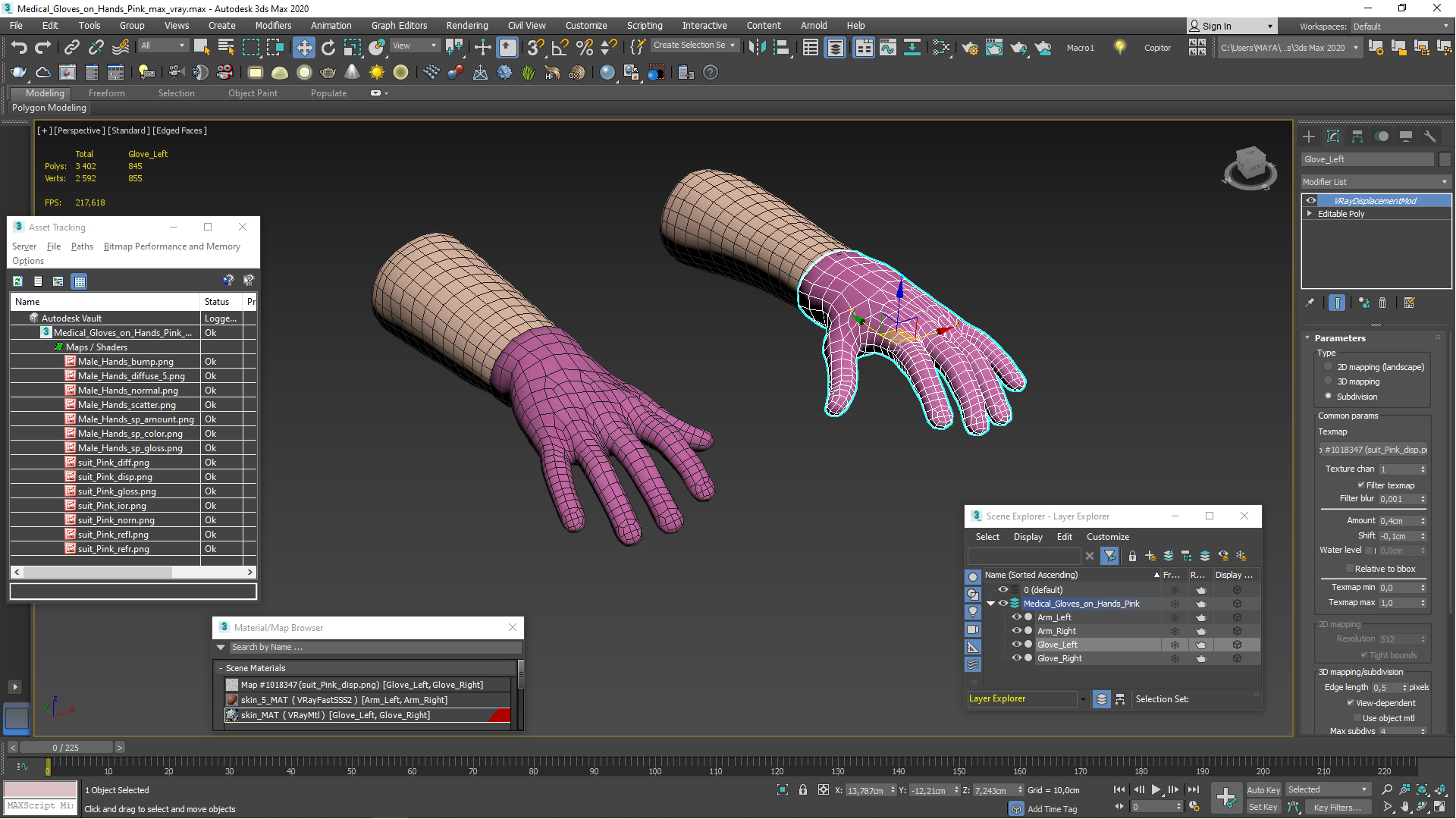 3D Medical Gloves on Hands Pink model