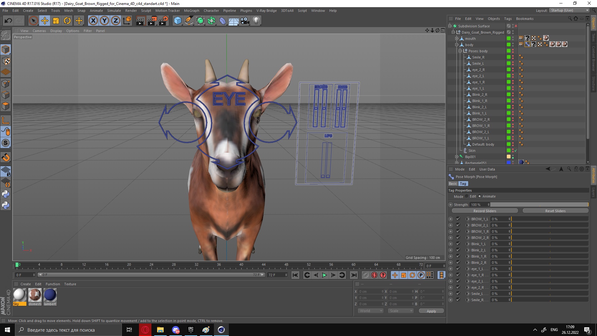 Dairy Goat Brown Rigged for Cinema 4D 3D