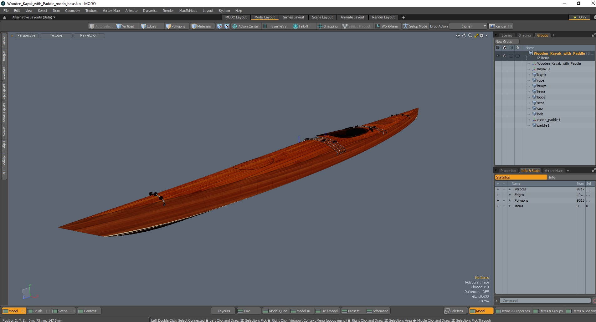 Wooden Kayak with Paddle 3D model