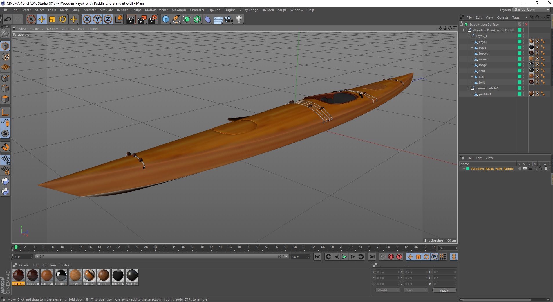 Wooden Kayak with Paddle 3D model