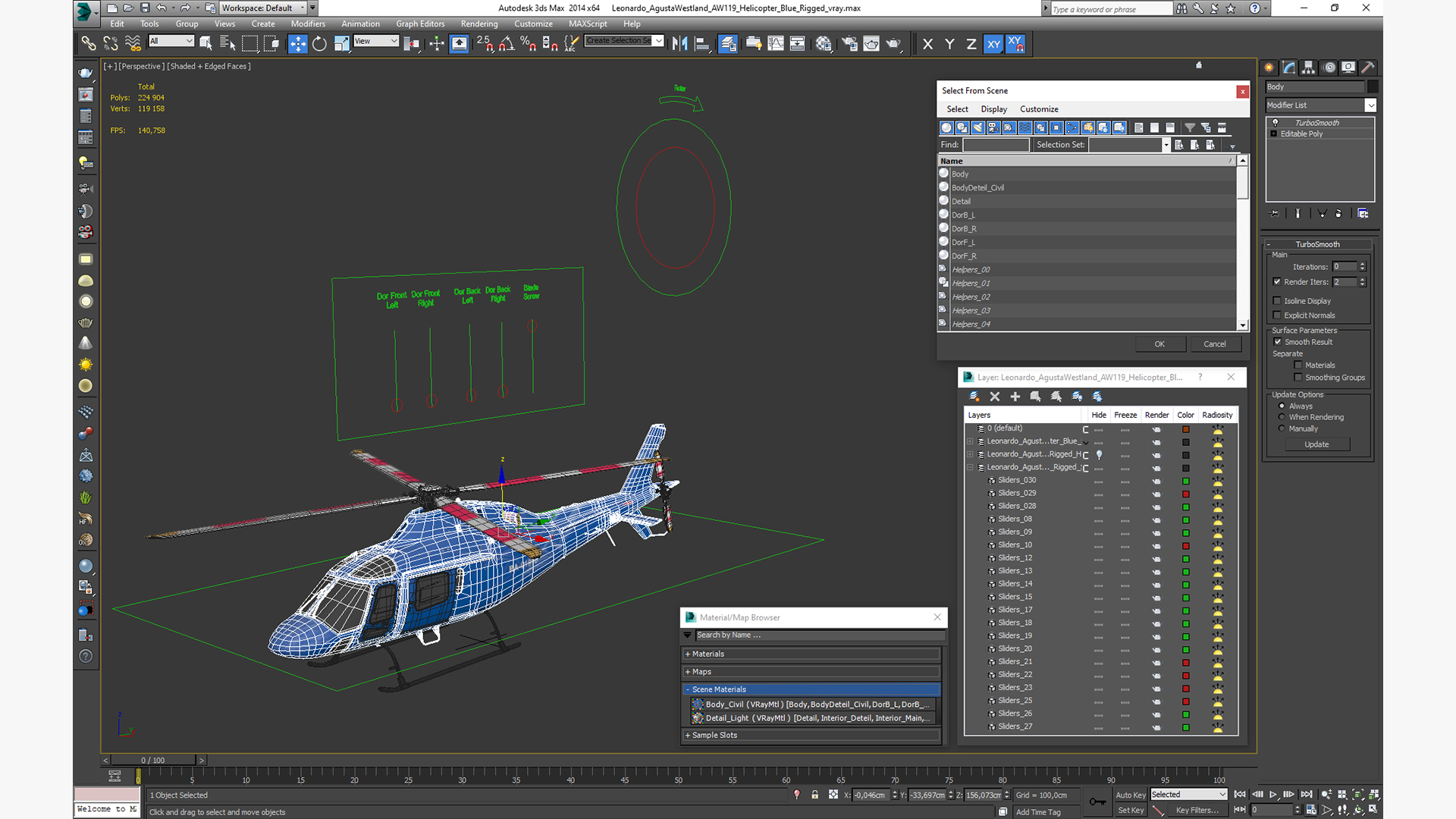 Leonardo AgustaWestland AW119 Helicopter Blue Rigged 3D