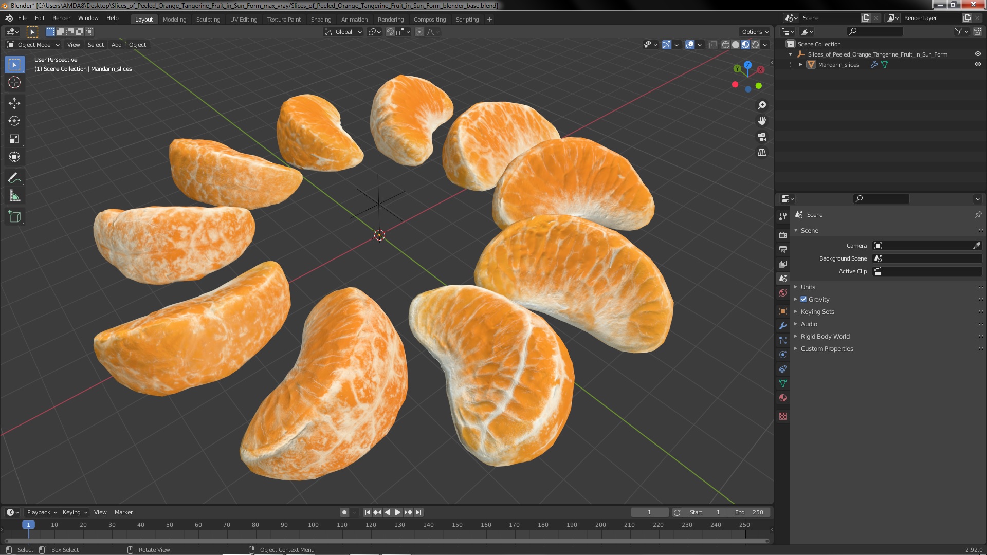 3D Slices of Peeled Orange Tangerine Fruit in Sun Form