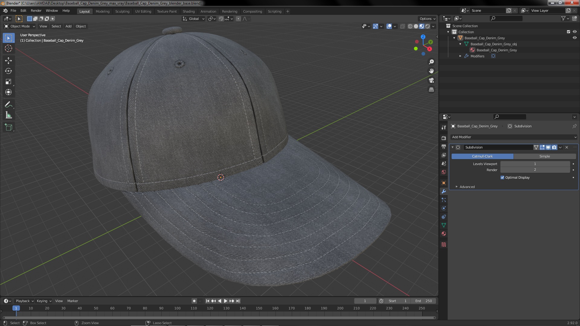 3D Baseball Cap Denim Grey model