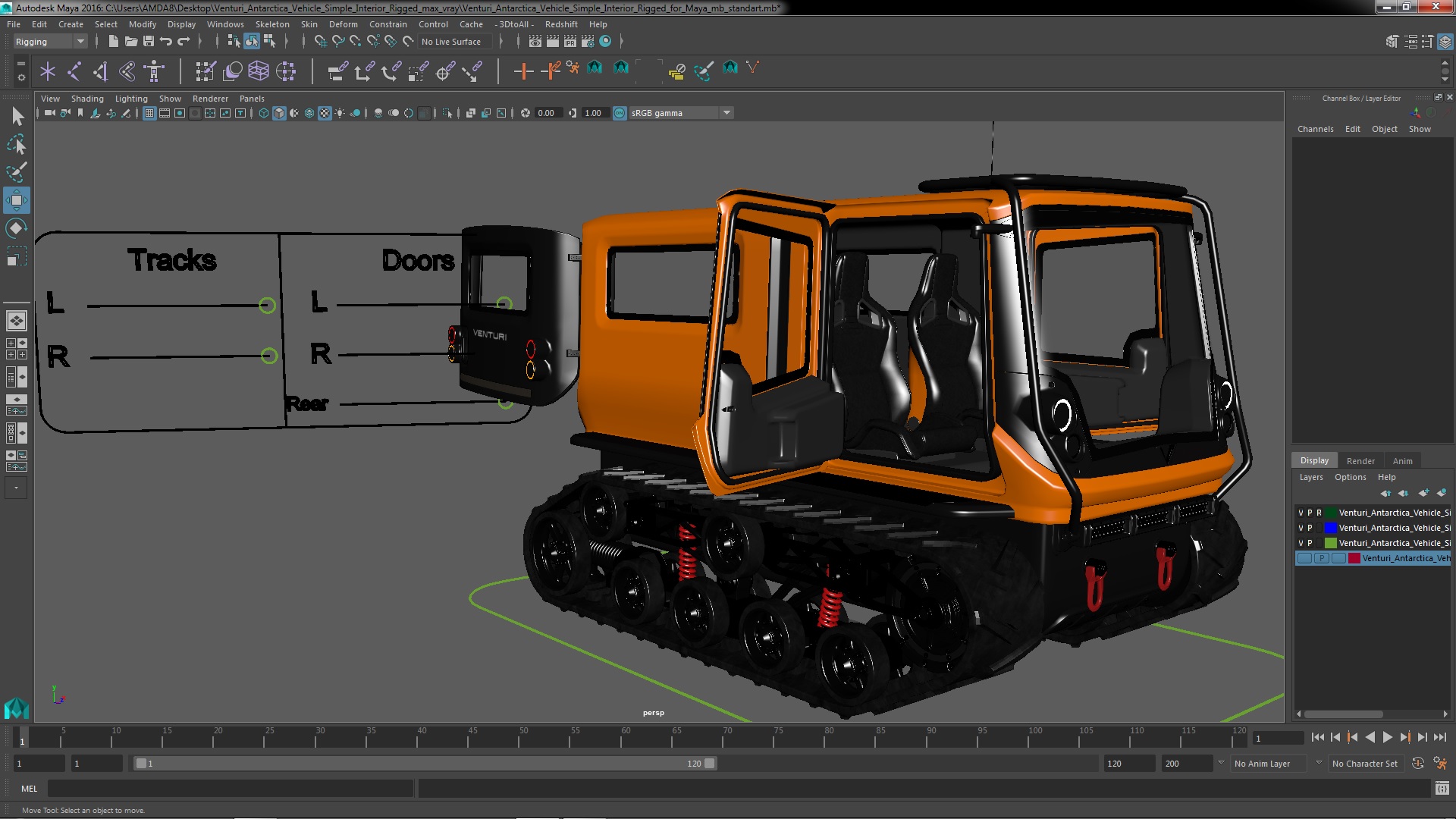 3D Venturi Antarctica Vehicle Simple Interior Rigged for Maya model