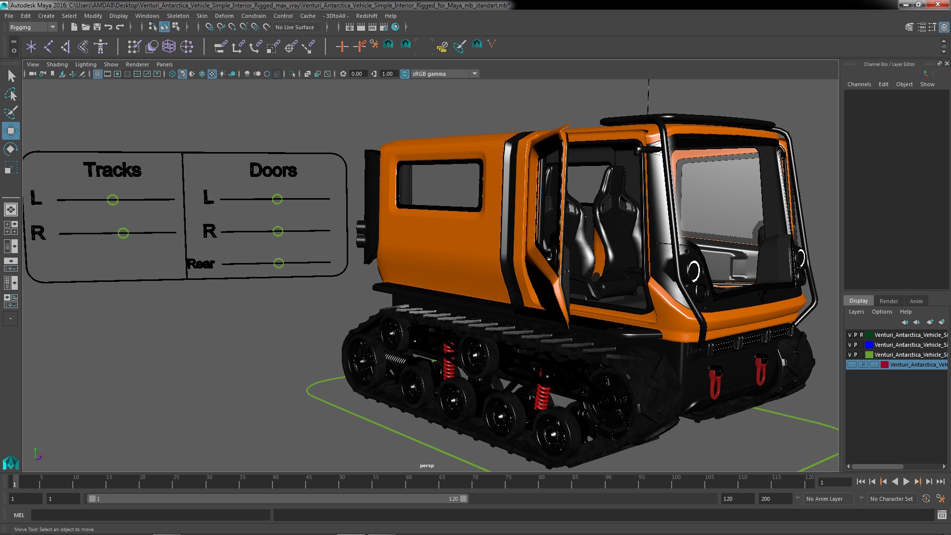 3D Venturi Antarctica Vehicle Simple Interior Rigged for Maya model