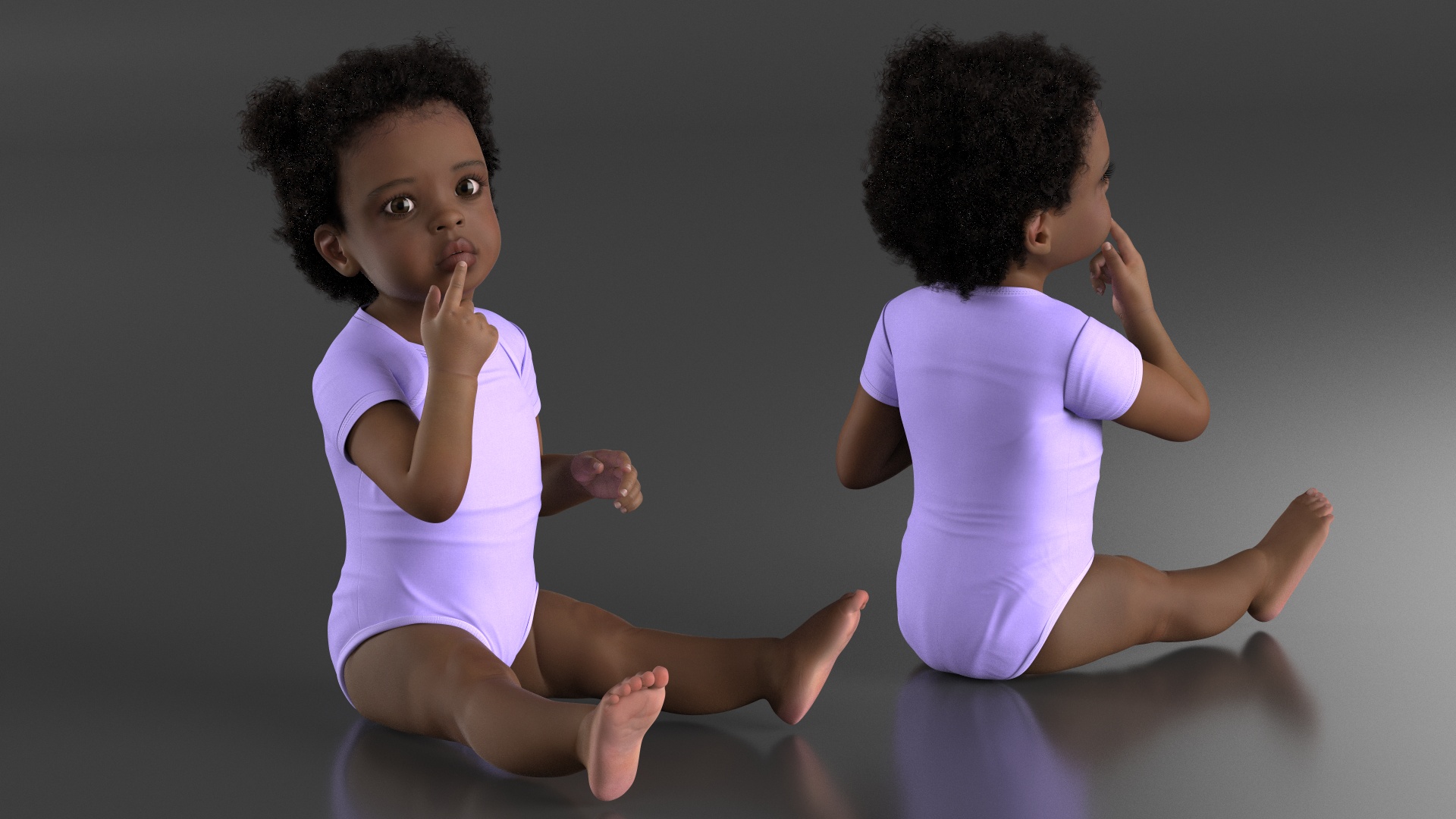 African Baby Girl Light Skin in Bodysuit Sitting Fur 3D