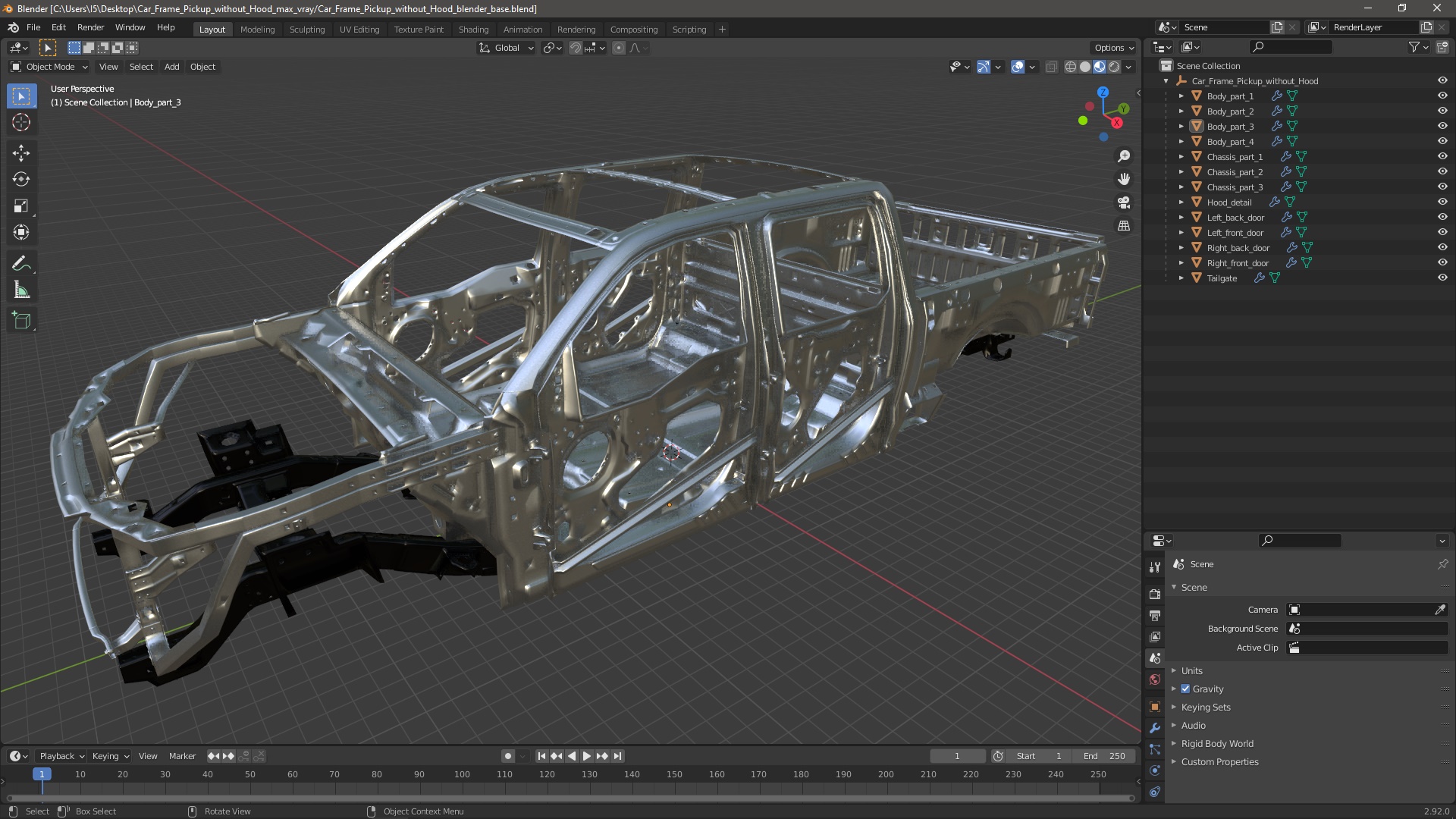 Car Frame Pickup without Hood 3D model