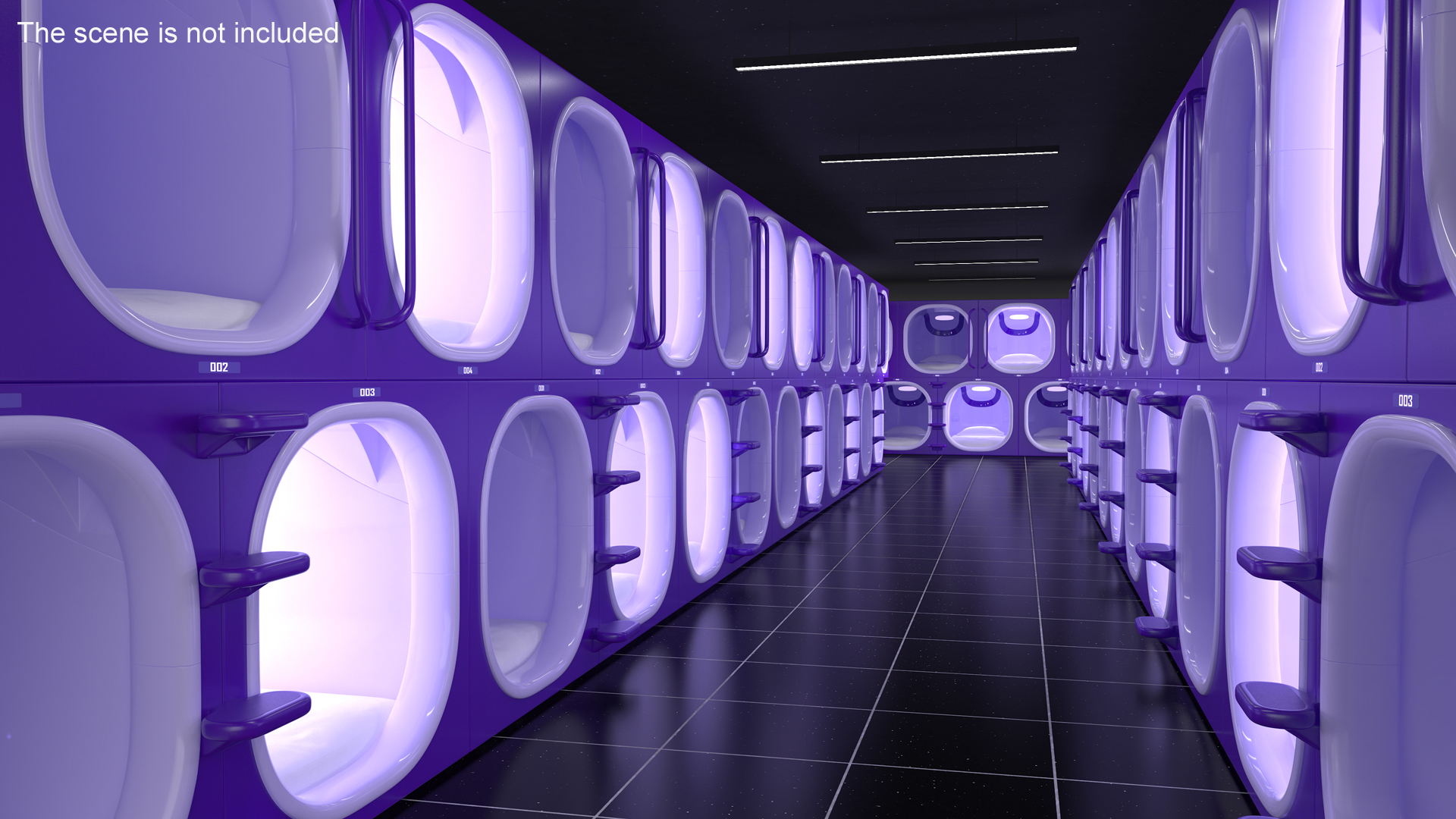 3D Purple Capsule Hotel Rooms