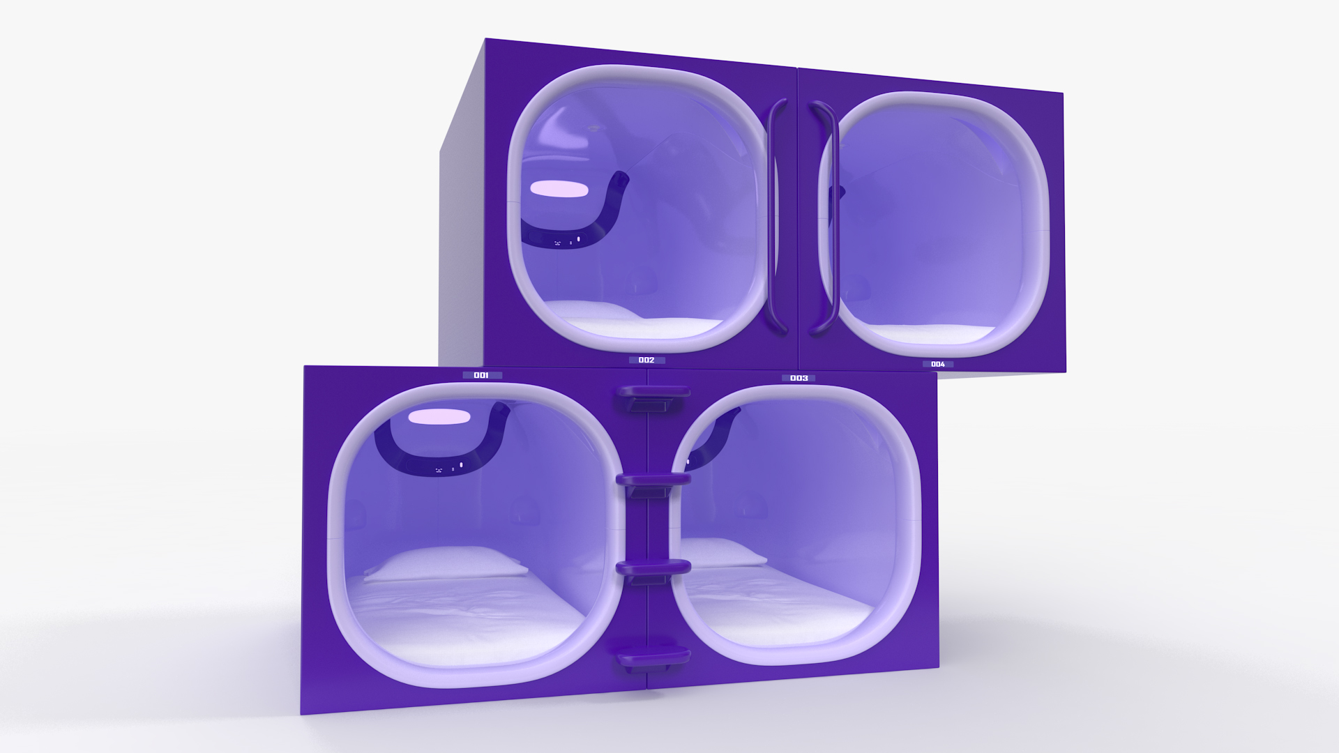 3D Purple Capsule Hotel Rooms