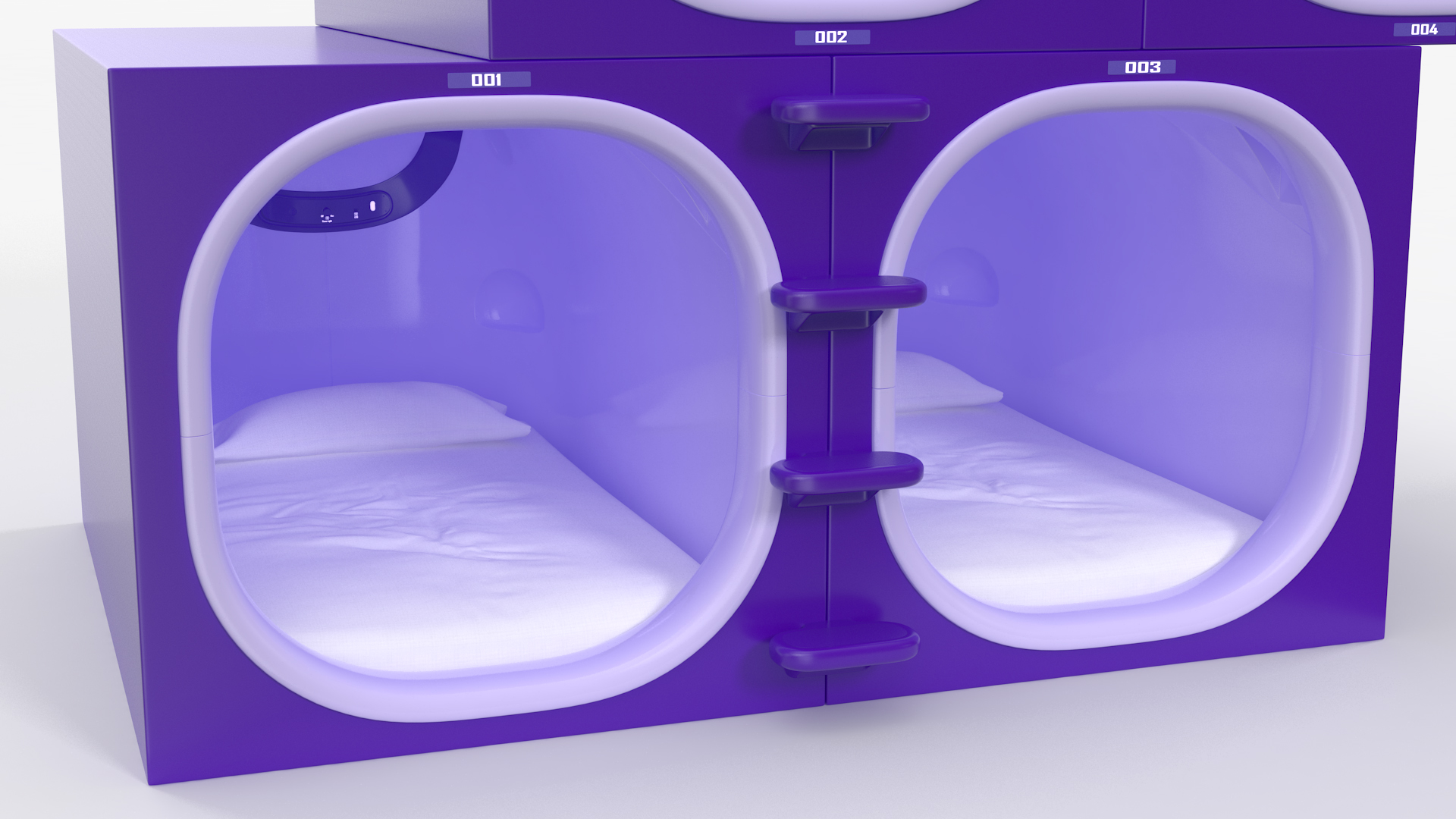 3D Purple Capsule Hotel Rooms