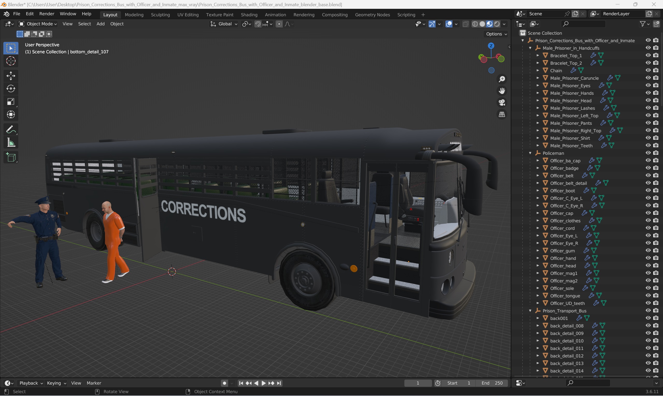 3D Prison Corrections Bus with Officer and Inmate