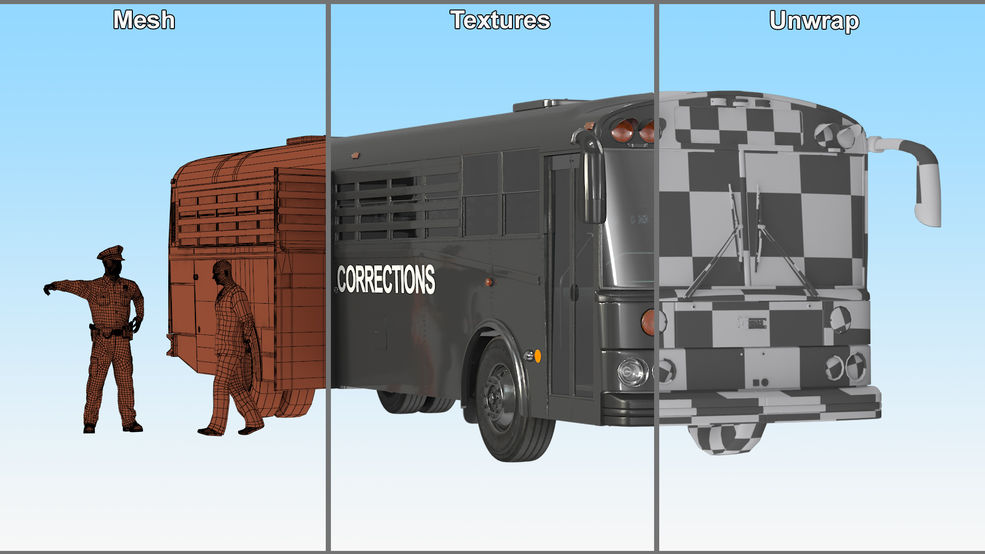 3D Prison Corrections Bus with Officer and Inmate