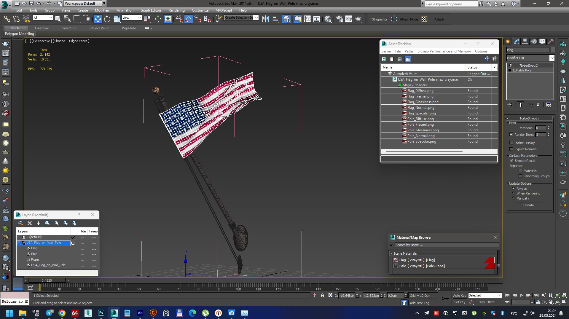 3D USA Flag on Wall Pole