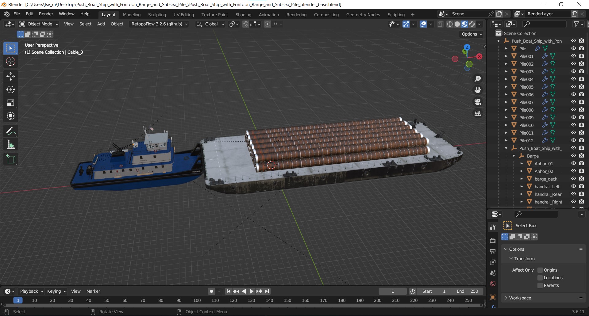 Push Boat Ship with Pontoon Barge and Subsea Pile 3D model