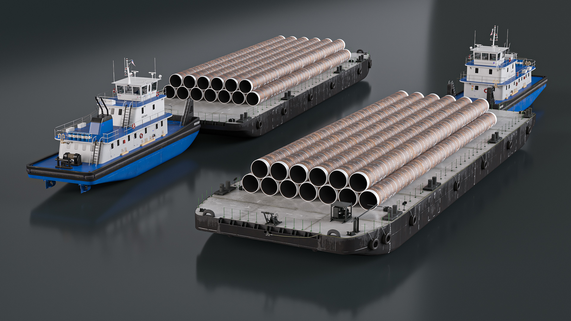 Push Boat Ship with Pontoon Barge and Subsea Pile 3D model