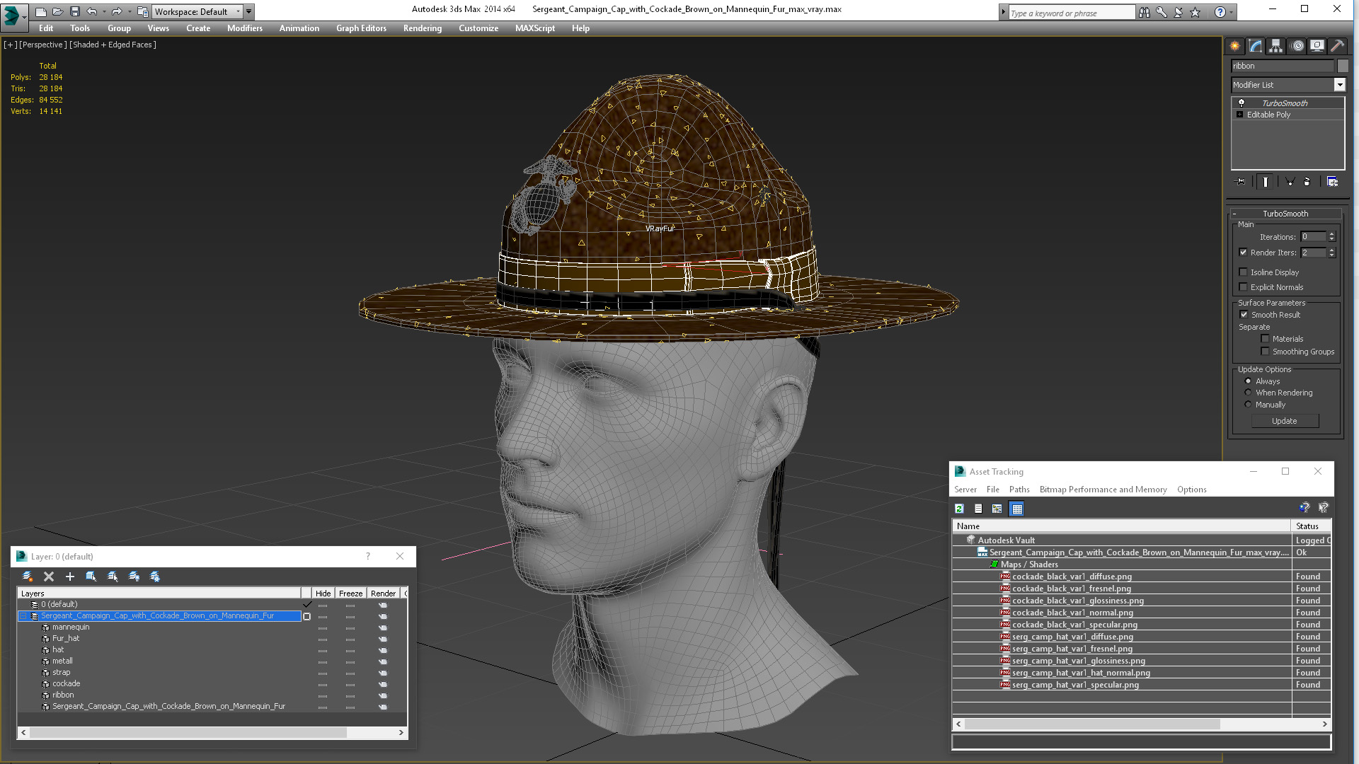 Sergeant Campaign Cap with Cockade Brown on Mannequin Fur 3D