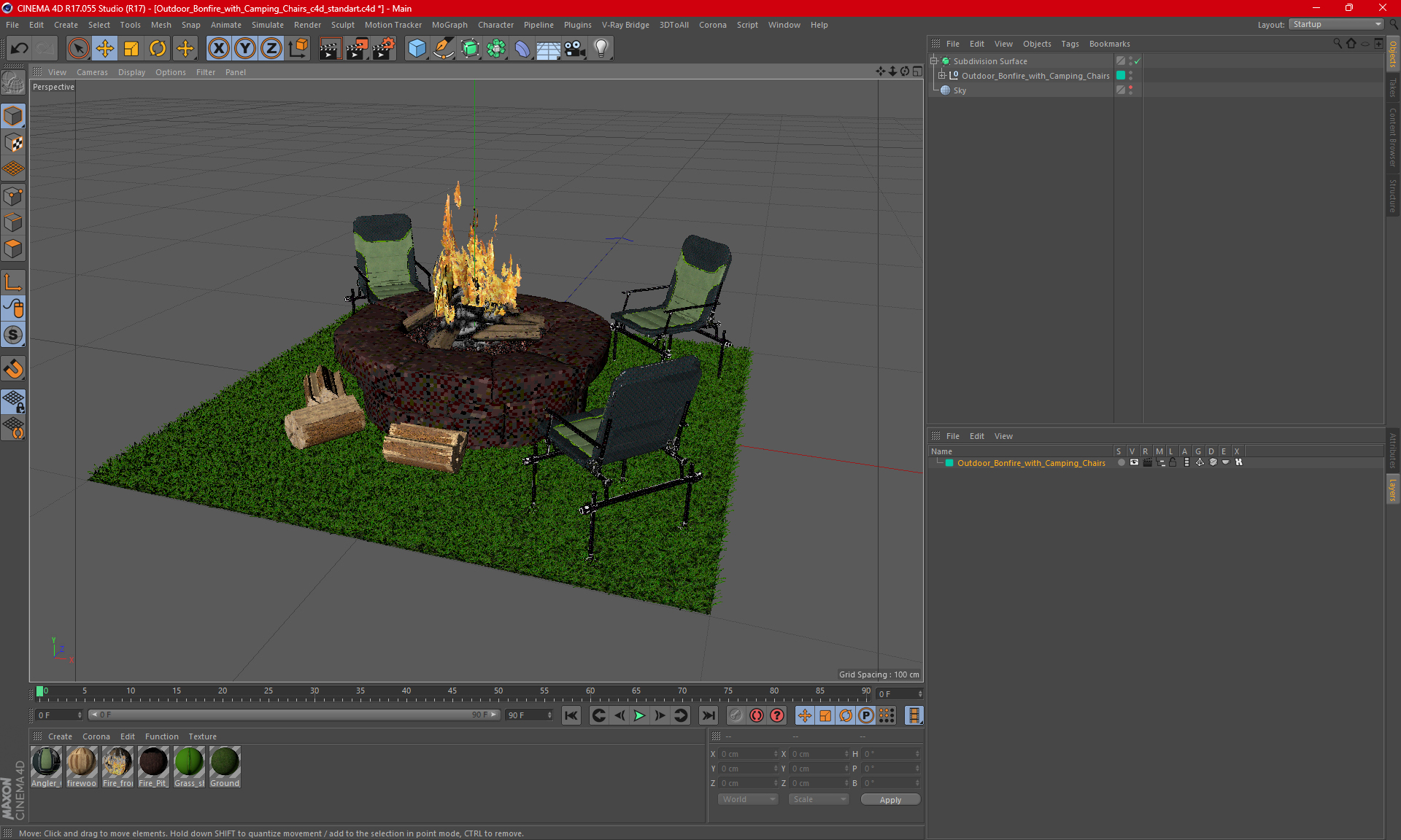 3D model Outdoor Bonfire with Camping Chairs