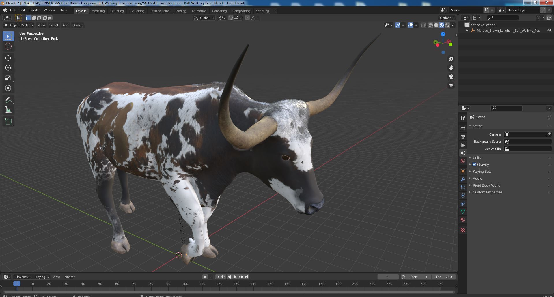 3D model Mottled Brown Longhorn Bull Walking Pose