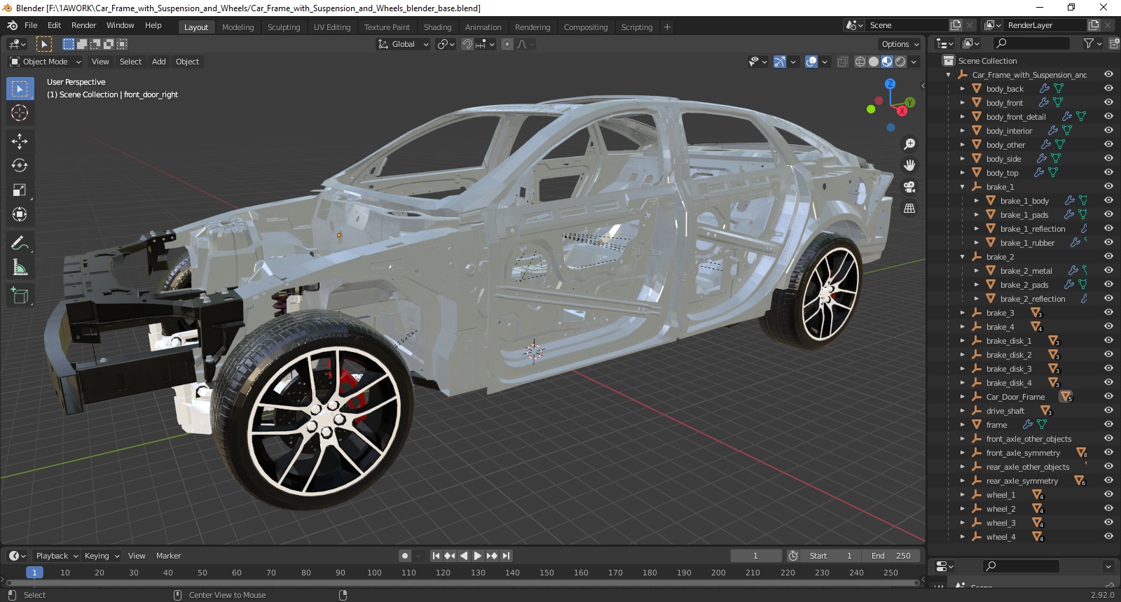 3D Car Frame with Suspension and Wheels