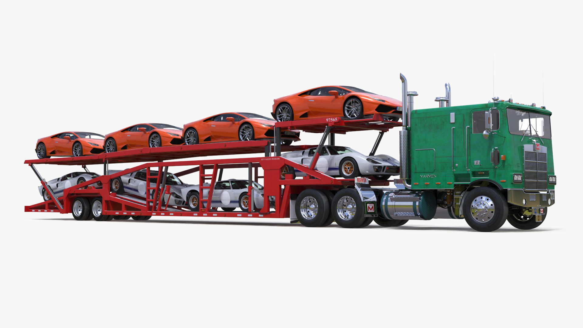 3D Marmon Truck with Car Carrier Loaded Cars