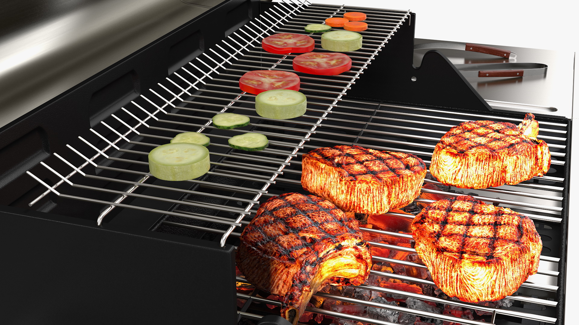 Gas Grill with Meat and Vegetables 3D model