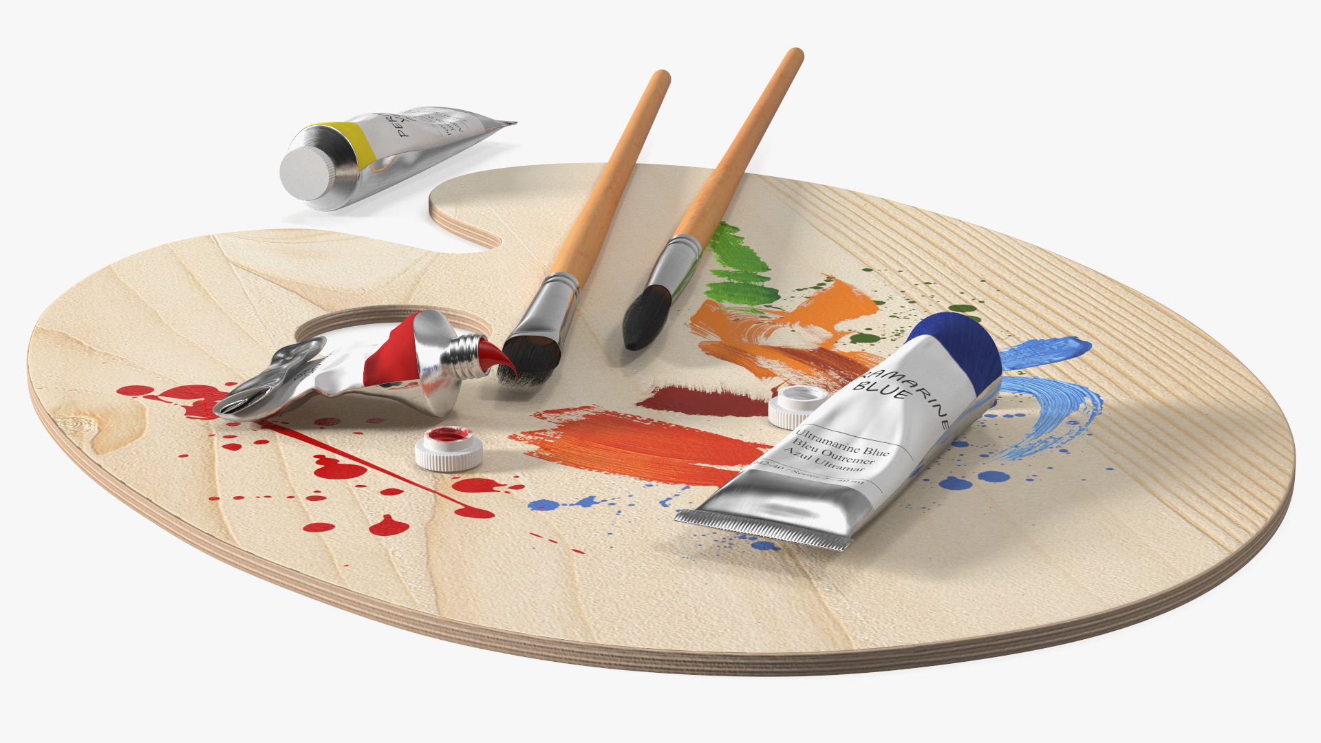 3D model Wooden Paint Palette With Oil Paint Tube