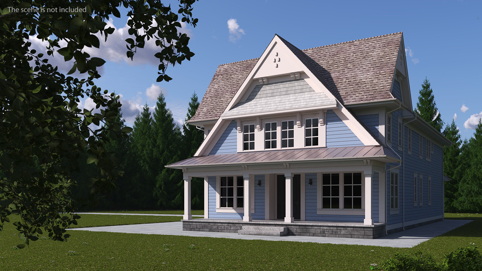 3D model Blue American House Exterior with Garage