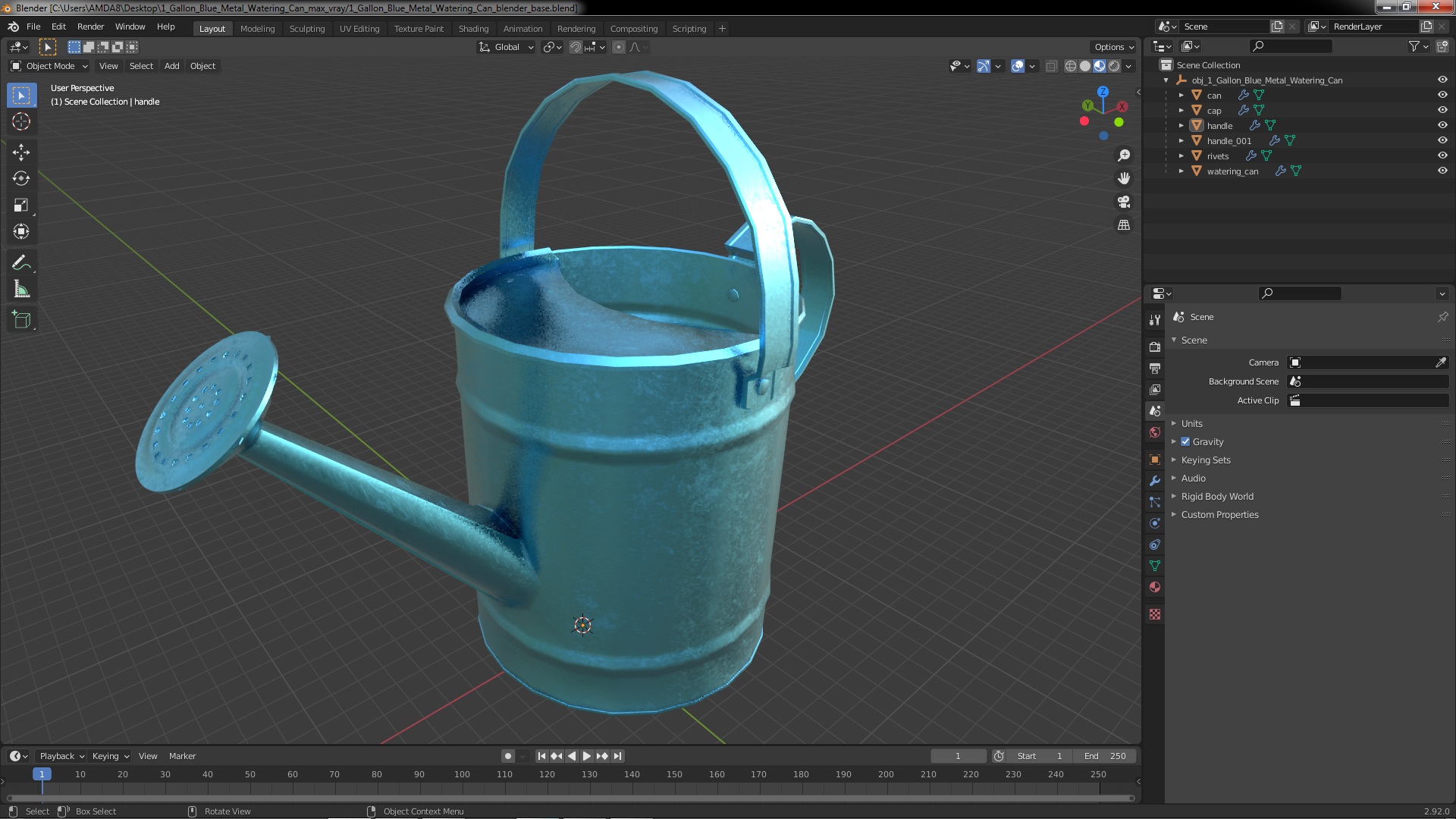 1 Gallon Blue Metal Watering Can 3D