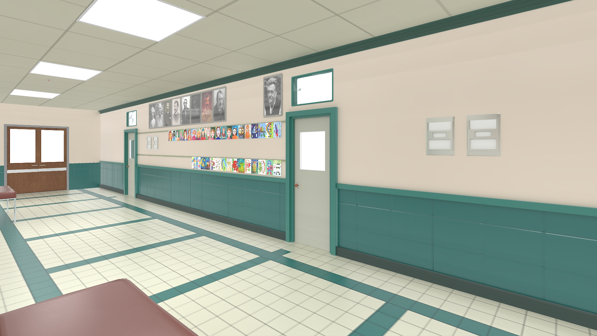 3D School Straight Hallway with Teenagers model