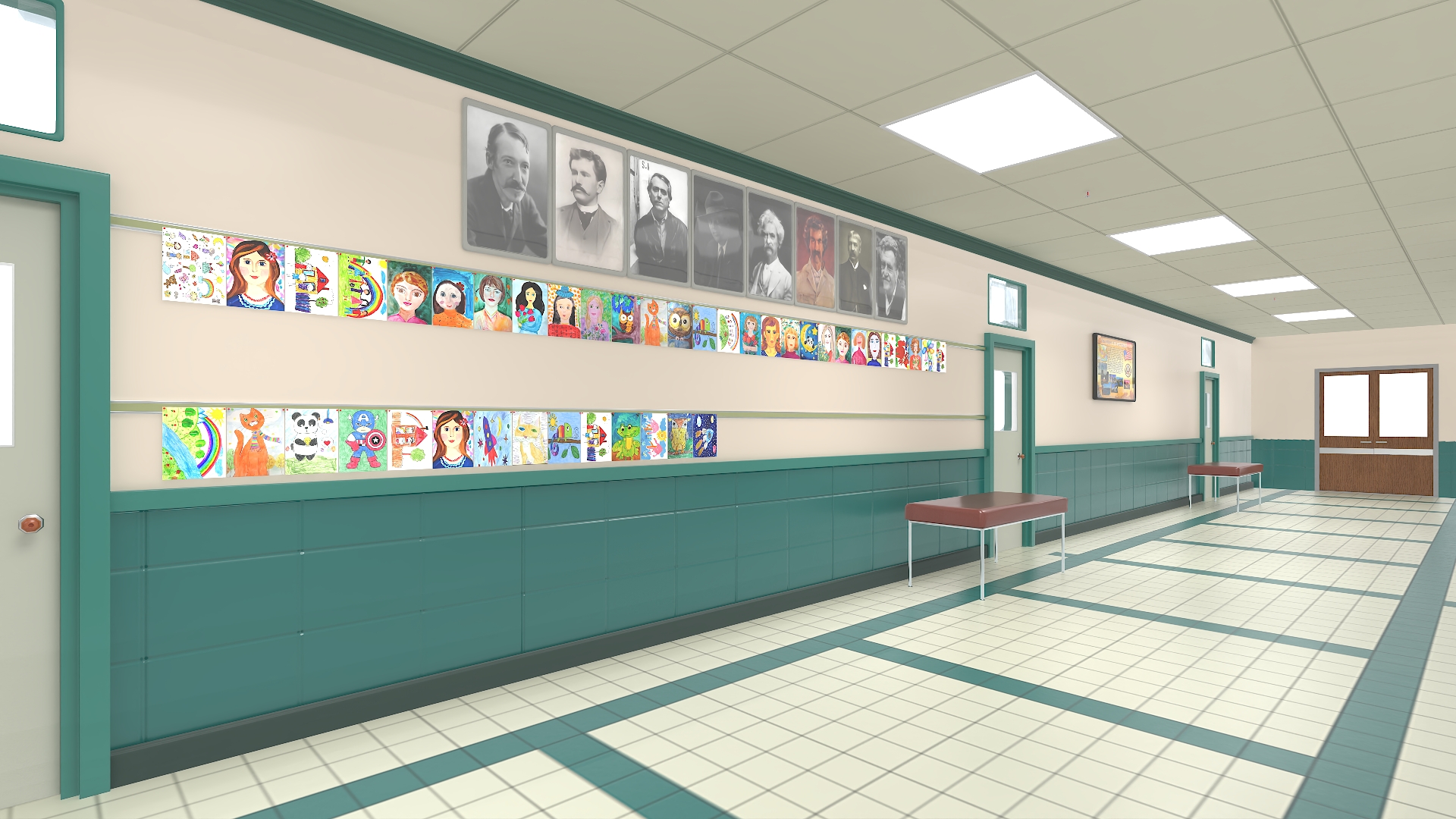 3D School Straight Hallway with Teenagers model