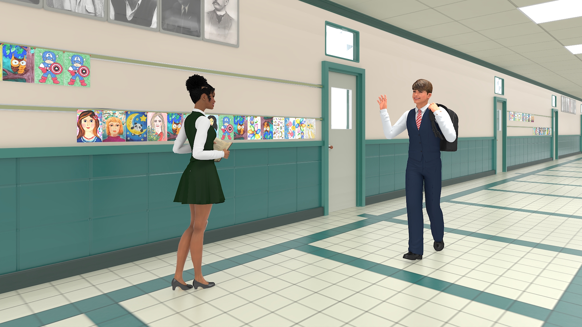 3D School Straight Hallway with Teenagers model