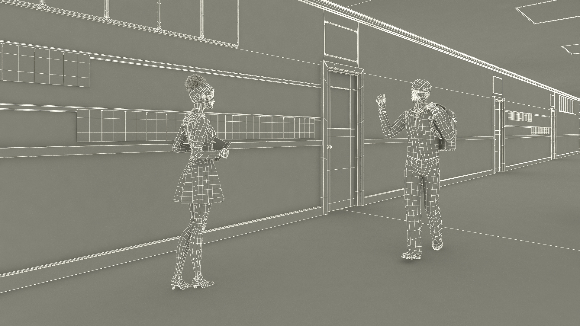 3D School Straight Hallway with Teenagers model