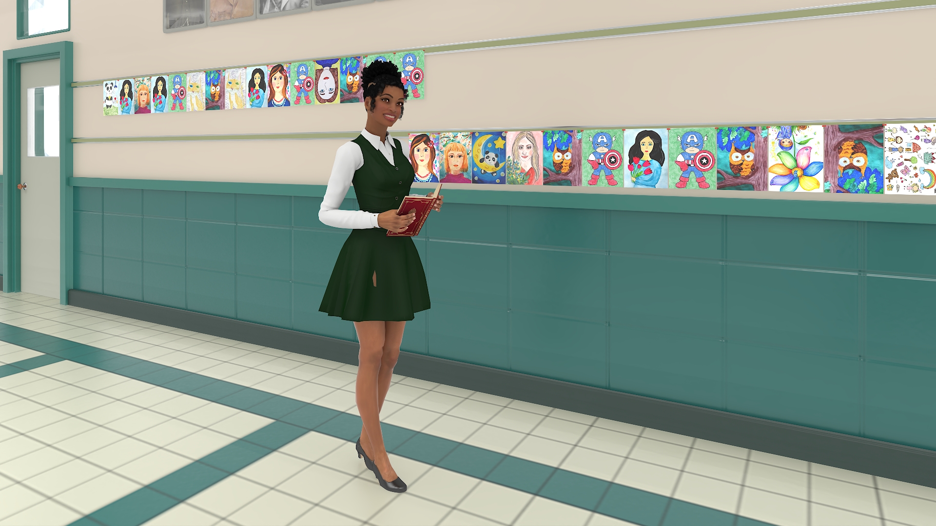 3D School Straight Hallway with Teenagers model