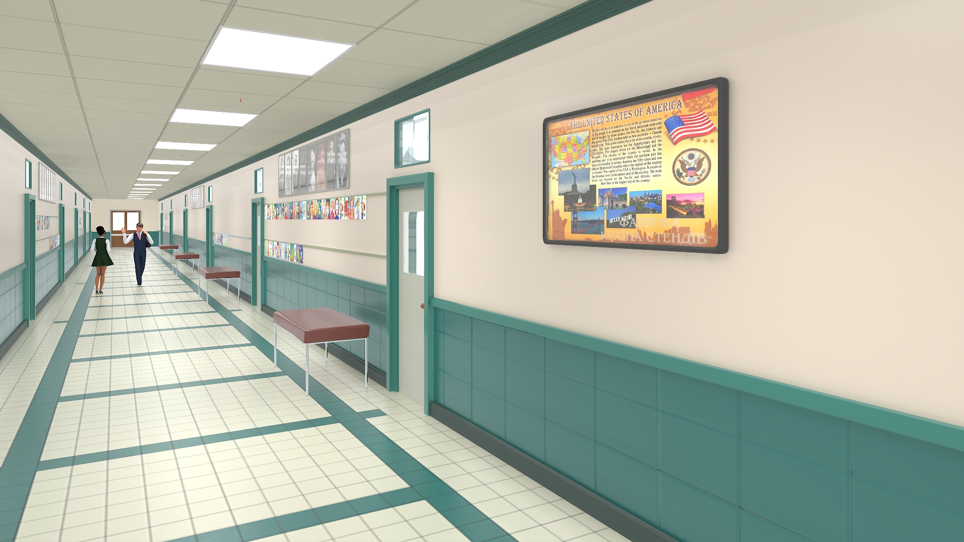 3D School Straight Hallway with Teenagers model