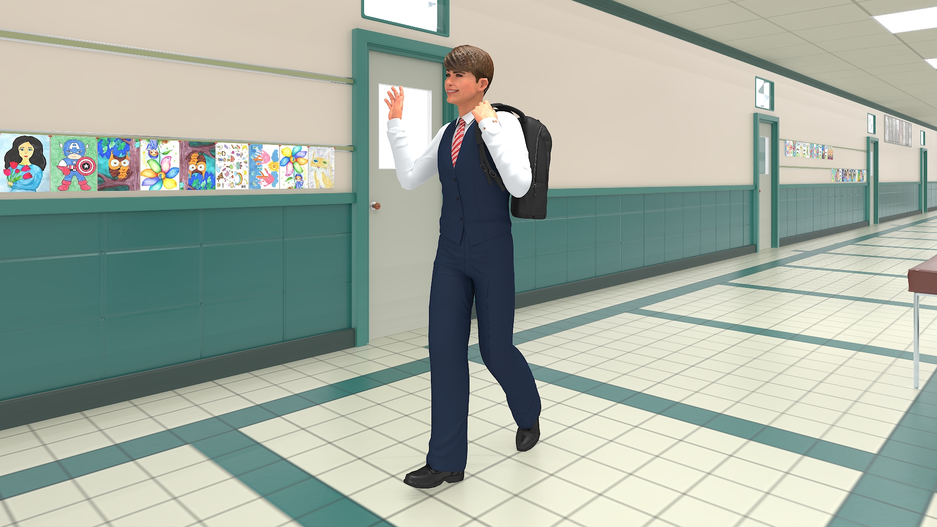 3D School Straight Hallway with Teenagers model