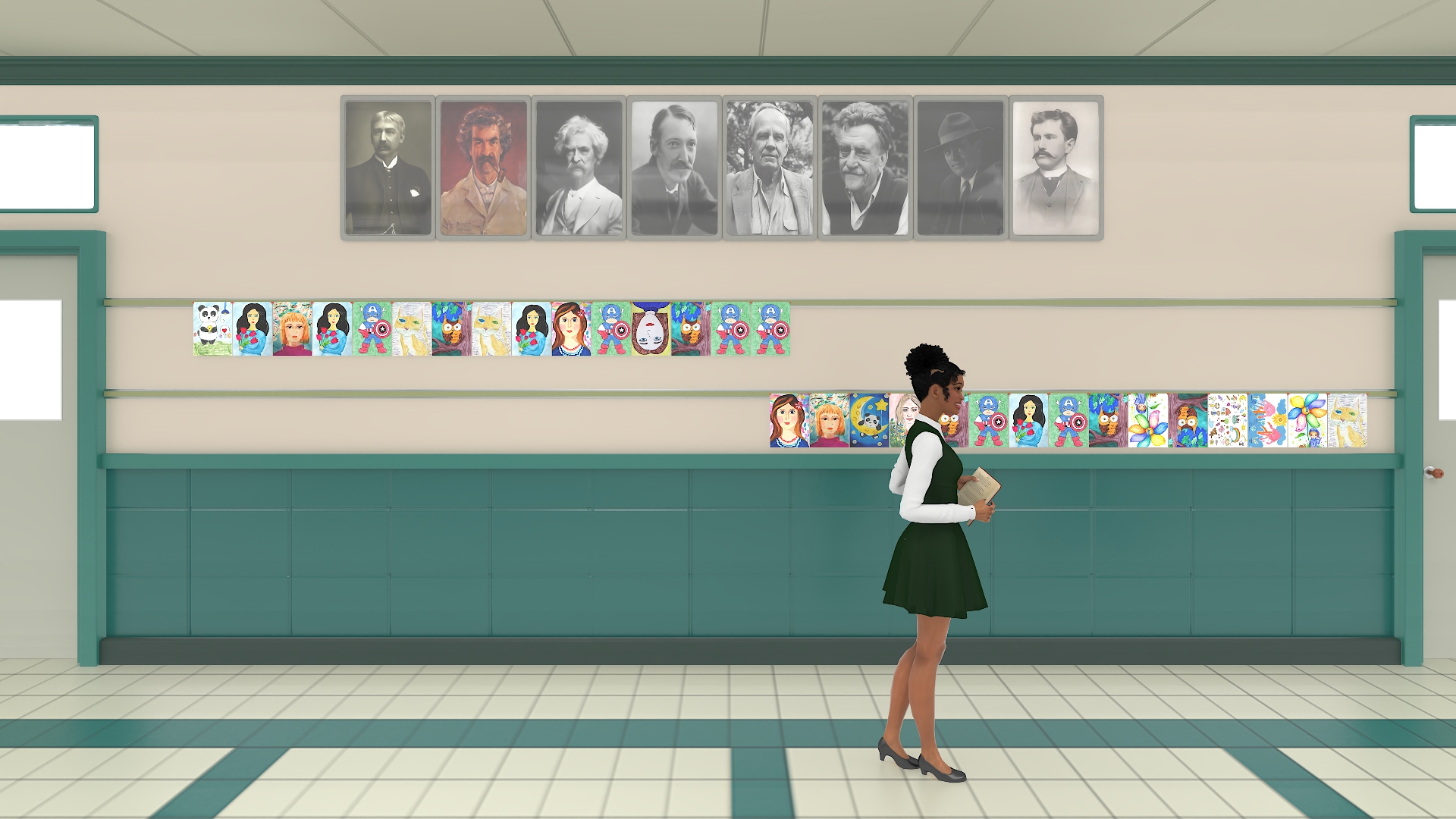 3D School Straight Hallway with Teenagers model