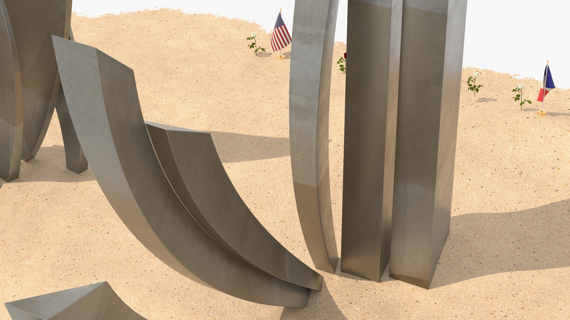 Les Braves Memorial with Allied Flags and Flowers 3D model